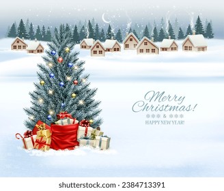 Holiday Christmas and Happy New Year background with a winter village and  christmas tree and colorful presents. Vector. 