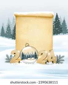 Holiday Christmas and Happy New Year background with gold 2024 numbers and transparent ball and old paper. Vector