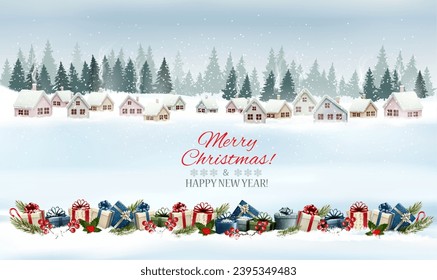 Holiday Christmas and Happy New Year panorama with a winter village and christmas gift boxes with branches of tree. Vector. 