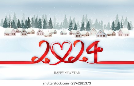 Holiday Christmas and Happy New Year panorama with a winter village and red ribbon with 2024 numbres. Vector.