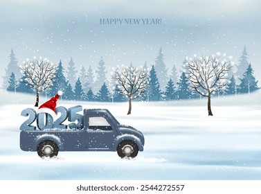 Fondo de Navidades de Festiva y feliz año Nuevo con paisaje nocturno y coche azul con números de 2025 y sombrero de Santa. Ilustración de invierno, Anuncio, Vector