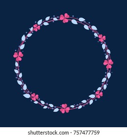 Holiday Christmas and Happy New Year Floral wreath with pink berry, blue leaves and fruit. Holiday wreath xmas winter decor. Cartoon Vector decorative christmas berry leaf on dark background