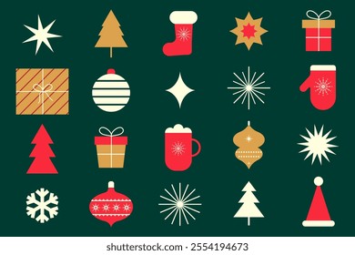 Holiday Christmas icons. Set of geometric abstract elements for design. Modern symbols for greeting cards, banners, posters. Vector illustration.