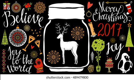 Holiday Christmas icons, symbols. Hand drawn tree, reindeer, snowflake, penguin, cake, candle, mittens, ball, mistletoe, champagne, stocking, jar, gift. Handwritten. Isolated on black background.