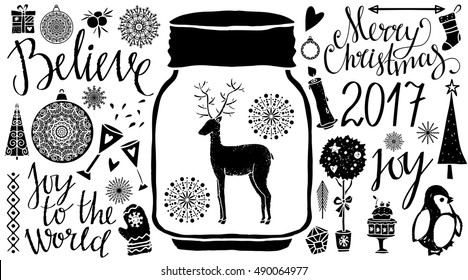 Holiday Christmas icons, symbols. Hand drawn tree, reindeer, snowflake, penguin, cake, candle, mittens, ball, mistletoe, champagne, stocking, jar, gift. Handwritten. Isolated on white background.