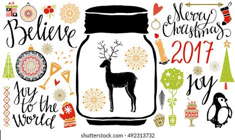 Holiday Christmas icons, symbols. Hand drawn tree, reindeer, snowflake, penguin, cake, candle, mittens, ball, mistletoe, champagne, stocking, jar, gift. Handwritten. Isolated on white background.