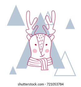 Holiday and christmas illustration of a cute deer in scarf. Hand draw animal illustration for greeting card or poster.