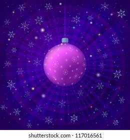 Holiday Christmas illustration, glass ball decoration and stars on radial background. Vector eps10, contains transparencies