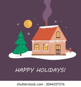 Holiday Christmas landscape of a cosy building in the forest. Vector illustration in a modern flat style