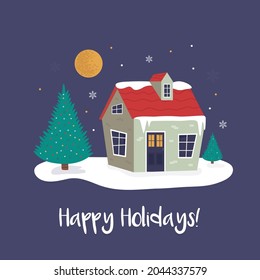 Holiday Christmas landscape of a cosy building in the forest. Vector illustration in a modern flat style