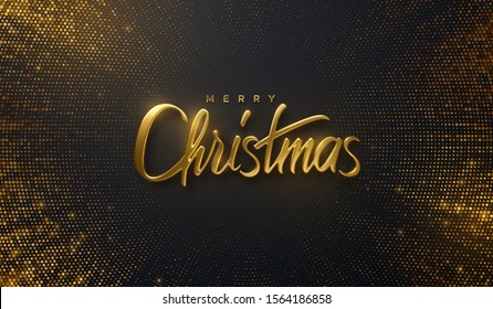 Holiday Christmas lettering. Vector 3d illustration of realistic golden sign on bursting glitter background. Calligraphic banner design. Winter festive event. Merry Christmas.