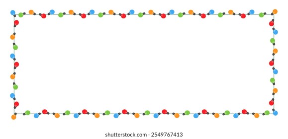 Festiva Navidades luces, marco multicolor. Decoración de tarjetas de Navidad. Vector de dibujos animados aislado, fondo blanco