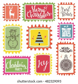 Holiday Christmas marks. Icons, symbols, signs. Isolated on white background. Merry Christmas, Christmas party, Best wishes, Joy text, handwritten. Hand drawn tree, gift, deer, snowman, ball 