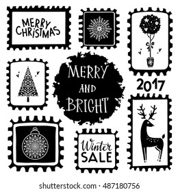 Holiday Christmas marks. Icons, symbols, signs. Isolated on white background. Merry Christmas, Winter sale, Merry and bright text, handwritten. Hand drawn tree, snowflake, deer, ball. 2017 	
number