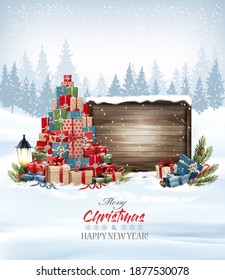 Holiday Christmas and New Year background with Christmas tree made out of colorful presents and wooden sign. Vector illustration