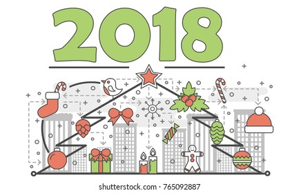 Holiday Christmas and New Year concept line banner. Vector illustration poster in linear style design. Graphic icons with toys and gifts elements.