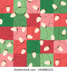 Holiday Christmas and New Year Intertwined String Lights on Red and Green Square Background Vector Seamless Pattern. Winter Holiday Print