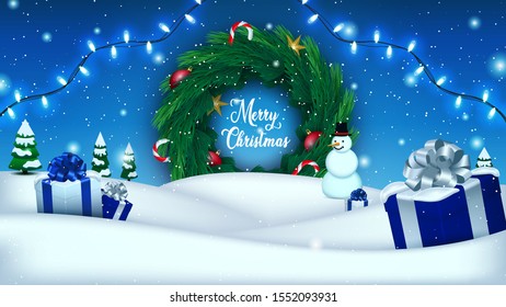 Holiday Christmas and New Year landscape with a gift boxes, snowman and pine branches wreath. Winter background with snow and snowy spruce trees. Vector illustration