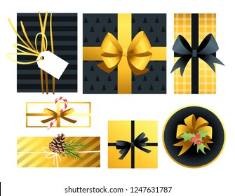 Holiday Christmas and New Year presents set. Cartoon colorful gift. Black and gold color.