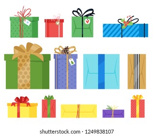 Holiday Christmas and New Year presents set. Cartoon colorful gift.