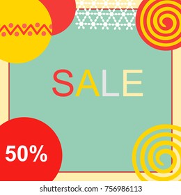 Holiday Christmas New Year Sale Banner. Red Yellow Balls Ornament Blue Background Frame. Copy Space for Text. Price Percentage Modern Hipster Style