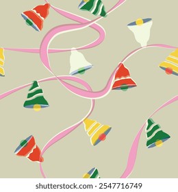 Holiday, Christmas, New Year seamless pattern with christmas bells and ribbon repeatable design for wrapping paper, textile, background, banner