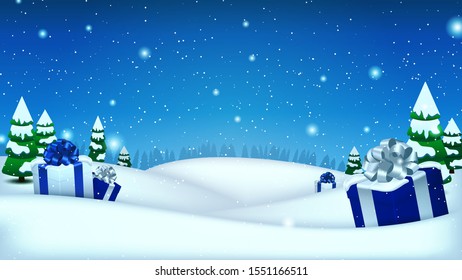 Holiday Christmas and New Year template for your arts and copy space. Winter background with a gift boxes, snow and snowy spruce trees. Landscape vector illustration