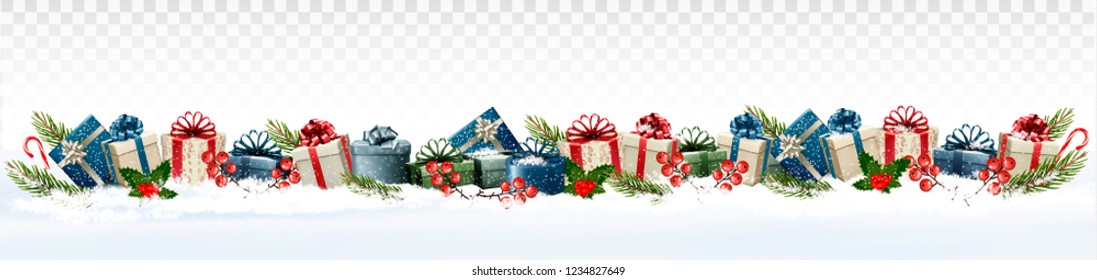 Holiday Christmas panorama with colorful gift boxes and branch of tree on transparent background. Vector.