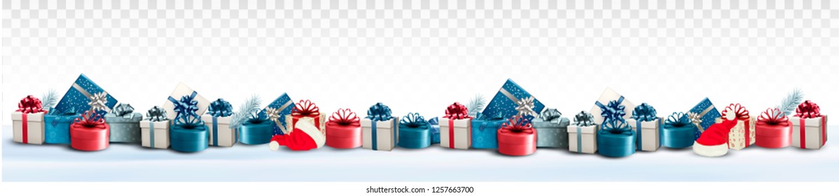 Holiday Christmas panorama with colorful gift boxes and branch of tree on transparent background. Vector.