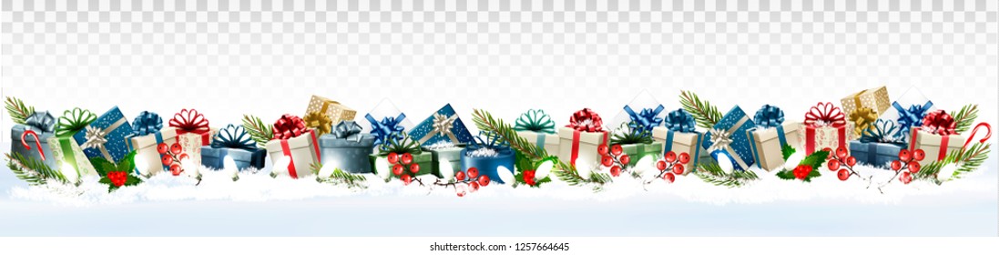 Holiday Christmas panorama with colorful gift boxes and Santa Hat on transparent background. Vector.