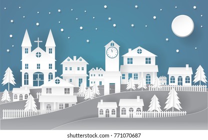 Holiday Christmas Paper Art Concept City In The Dark Night With Snow And The Moon