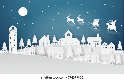 Holiday Christmas Paper art concept City in the dark night with snow and the moon and Santa Claus ridding the reindeer
