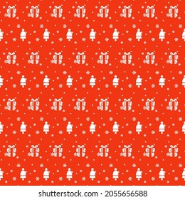 Holiday Christmas Pattern Background Pine And Gifts Box on Red BG