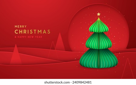 Holiday Christmas red background with abstract landscape and Christmas tree. Paper design. Vector illustration