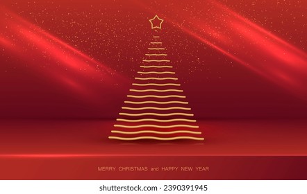 Fondo de la tarjeta roja navideña con árbol de oro en el podio. Diseño de vectores x mas.