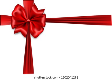 Holiday Christmas red gift silk bow. Xmas textile decor. Realistic 3d vector illustration.