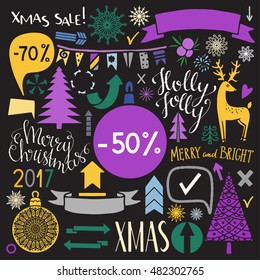 Holiday Christmas sale icons, symbols, signs. Isolated on chalkboard. Hand drawn, handwritten text