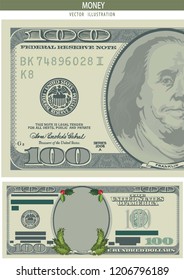 Holiday Christmas savings or sale advertisement. 100 Bucks on white background. American one hundred dollar banknote