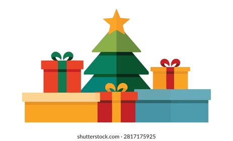 Holiday Christmas scene featuring a decorated green tree with yellow star and vibrant wrapped gifts in red yellow and blue on white background