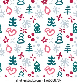 Holiday christmas seamless pattern. Hand drawn doodle ornament. Christmas trees and snowflakes.