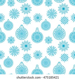 Holiday christmas seamless pattern. New year background texture. Snowflakes, balls