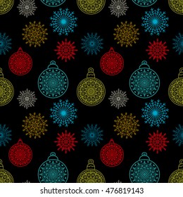 Holiday christmas seamless pattern. New year background texture. Snowflakes, balls