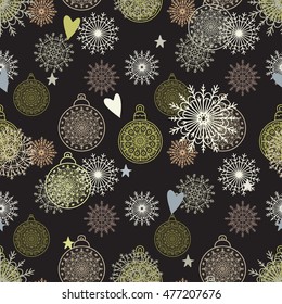 Holiday Christmas seamless pattern. New year vintage background texture. Snowflakes, balls, stars, hearts