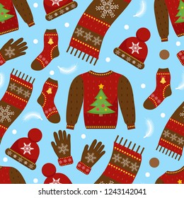 Holiday Christmas seamless pattern. Winter clothes endless texture, background. Warm apparel backdrop. Vector illustration
