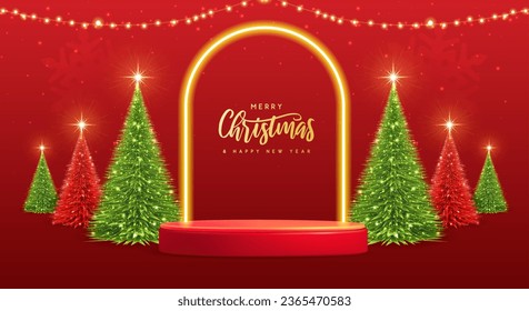 Holiday Christmas showcase background with 3d podium, neon arch and Christmas tree. Vector illustration