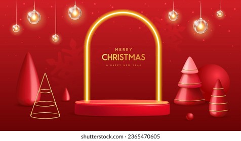 Holiday Christmas showcase background with 3d podium, neon arch and plastic Christmas trees. Vector illustration