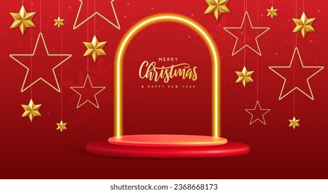 Holiday Christmas showcase background with 3d podium, neon arch and Christmas stars. Vector illustration