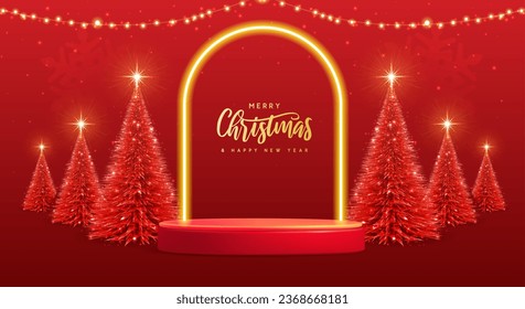 Holiday Christmas showcase background with 3d podium, neon arch and Christmas tree. Vector illustration