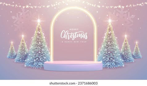 Holiday Christmas showcase background with 3d podium, neon arch and Christmas tree. Vector illustration