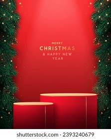 Holiday Christmas showcase background with 3d red podium and emerald Christmas tree texture. Abstract minimal scene. Vector illustration